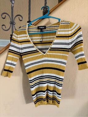 Express Brand Women's Plunge V-Neck Striped Ribbed Sweater - Mustard/White/Black